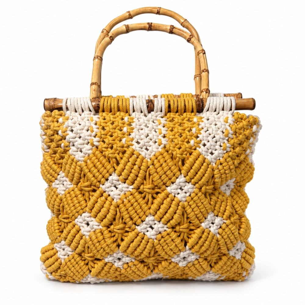 Vintage Macrame Tote Bag Bamboo Handles Mustard Yellow Cream Boho Womens